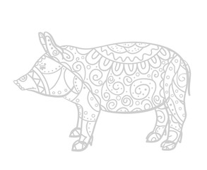 Pig on white. Zen art. Zentangle. Hand drawn animal with intricate patterns on isolated background. Design for spiritual relaxation for adults. Black and white illustration for coloring. Print