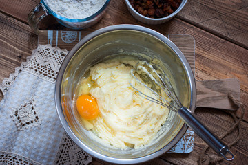Step-by-step preparation of a raisin cake - mixing the necessary ingredients, top view
