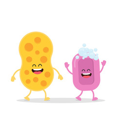 Funny sponge and pink soap with bubbles