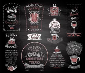 Fotobehang Holiday chalkboard menu set, christmas and new year classic dishes, desserts and drinks, festive food and treats © LP Design