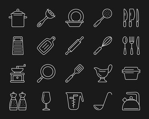 Kitchenware simple white line icons vector set