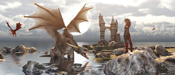 Naklejka premium 3d Fantasy smok odpoczywa na wodzie z kobietą lub smoczym opiekunem zostaje na skale w mitycznej wyspie, fikcyjnym sztandarze i pomysłach