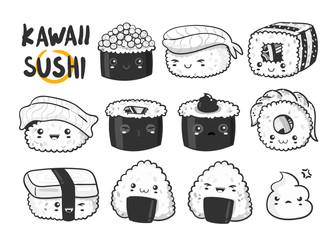Hand drawn various kawaii sushi. Black and white vector set. All elements are isolated