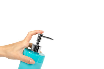 Blue hand sanitizer soap dispenser with arm isolated on white background, copy space template