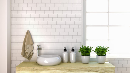 modern bathroom interior design,sink,toilet,shower,home 3D rendering for copy space background white tile bathroo and Ornamental Plants