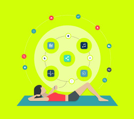 Vector illustration of woman doing sit ups and checking her smart watch