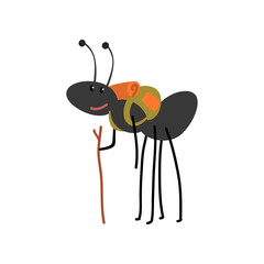 Ant travelling with backpack, cute cartoon animal having hiking adventure travel or camping trip vector Illustration on a white background