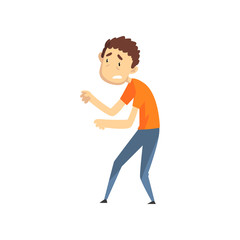 Young man with terrified face expression, emotional guy afraid of something vector Illustration on a white background