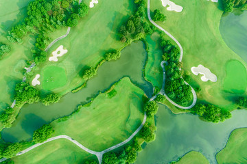 Aerial photograph of forest and golf course with lake
