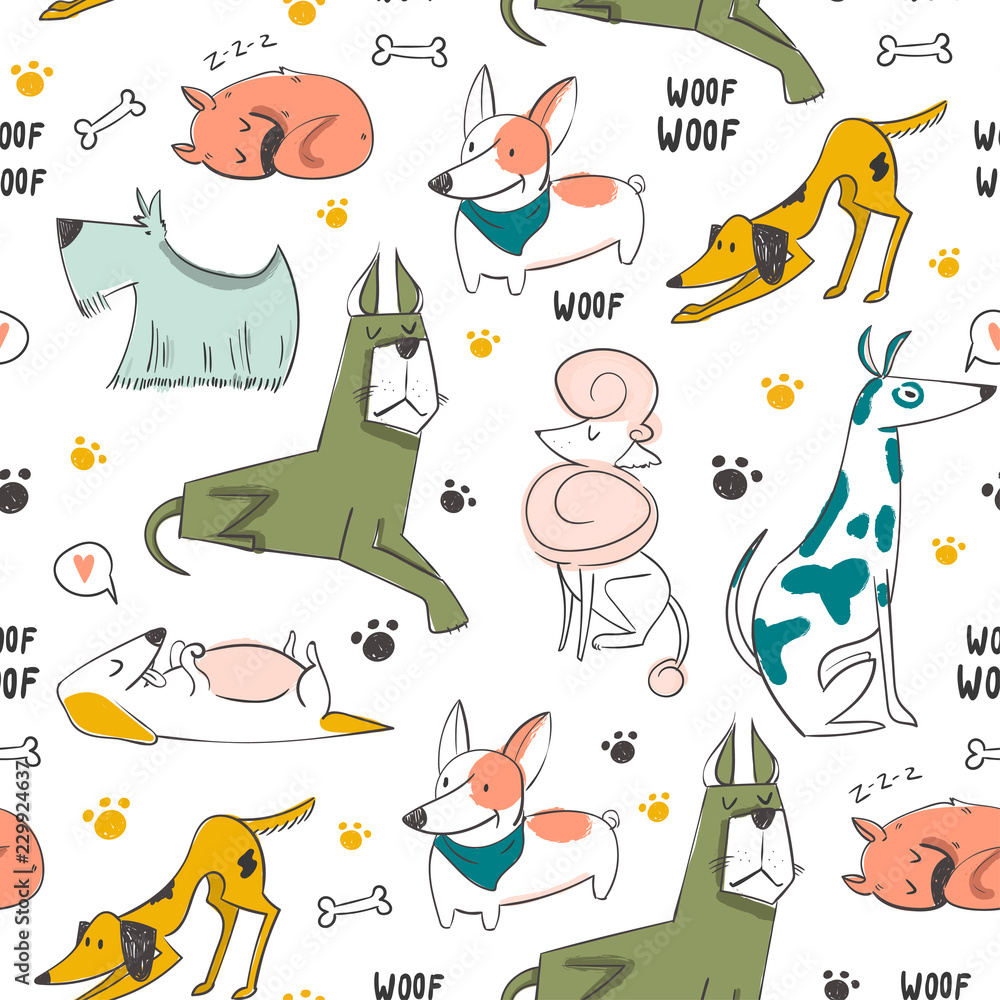 Poster hand drawn various cats. colored vector seamless pattern