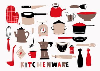 Hand drawn kitchen utensils. Colored graphic vector set