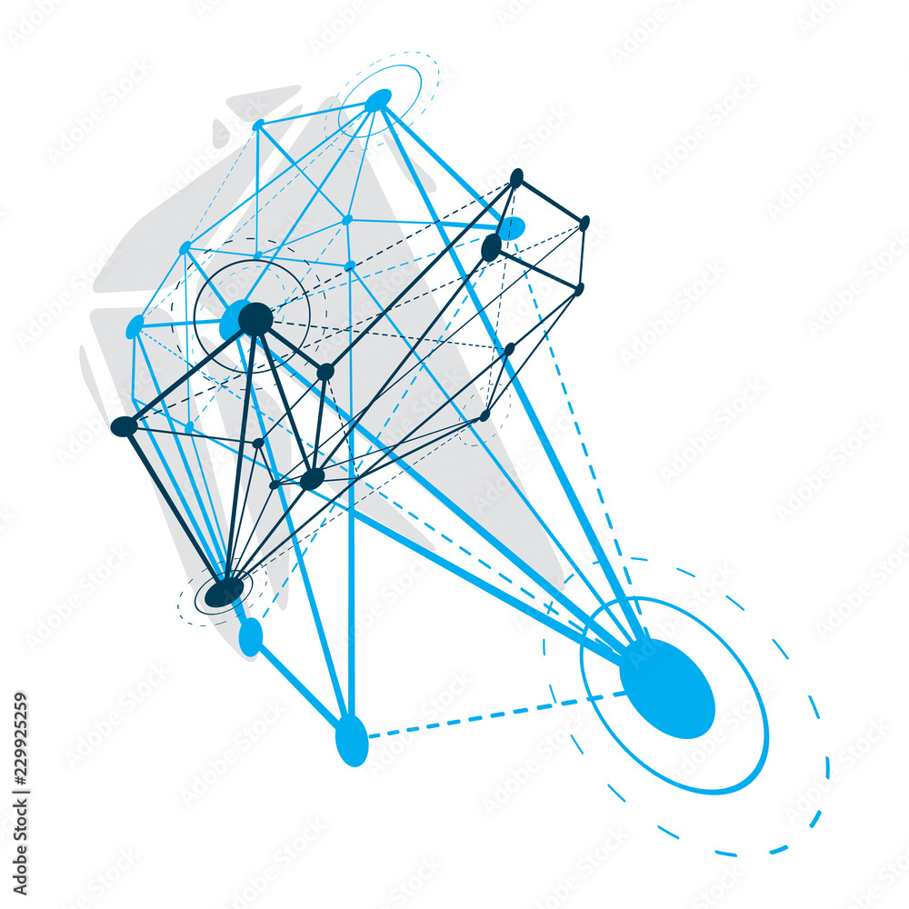 Aufkleber abstract geometric 3d wireframe object, digital technology vector illustration.