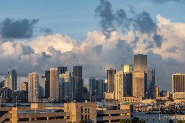 wide angle of the cityscape of downtown miami florida on an early summer morning