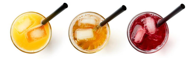 glass of fresh orange apple and cranberry juice isolated on white, from above