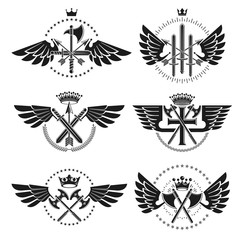 Vintage Weapon Emblems set. Heraldic signs vector vintage elements collection.