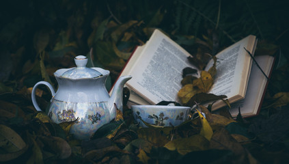 Cup of hot tea, old books and fallen autumn leaves