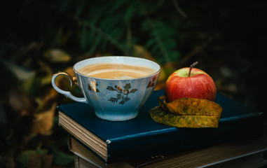 Cup of hot coffee, old books and fallen autumn leaves
