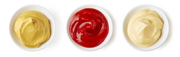 Ketchup mayonnaise and mustard isolated on white, from above - obrazy, fototapety, plakaty