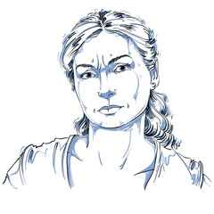 Hand-drawn portrait of white-skin doubtful woman, face emotions theme illustration. Skeptic or angry lady with wrinkles on her forehead posing on white background.