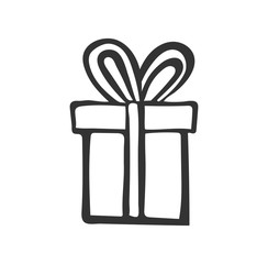 gift icon. Simple present box with ribbon. Hand drawing . Doodle style black ink.