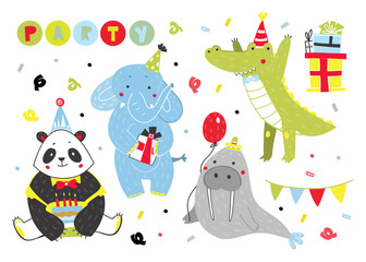 Hand drawn birthday party animals. Colored vector set. All elements are isolated