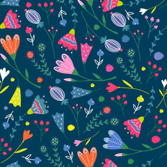 Ethnic style flowers. Hand drawn vector seamless pattern. Dark background