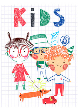 Hand drawn kids. Childish style. Colored vector illustration