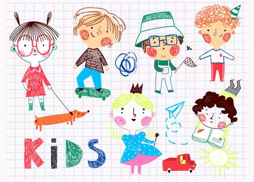 Hand drawn kids. Childish style. Colored vector set. All elements are isolated