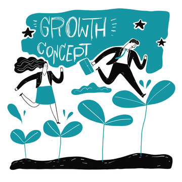 Businessman Step Up The Leaf, Metaphor Or Symbol Of Growth Overcoming Adversity In Strategy And Finding Leadership Solutions Corporate Of Success. Vector Illustration Doodle Style