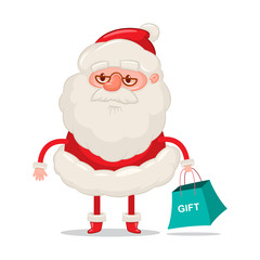 Funny Santa Claus with shopping bag. Vector Christmas cartoon character isolated on white background.