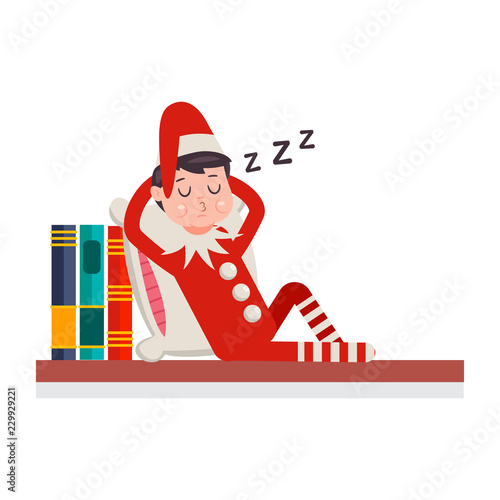 "Elf sleeping on a shelf with books. Cute Christmas vector cartoon