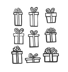 gift icon set. Simple present box with ribbon. Hand drawing . Doodle style black ink.