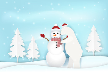 Obraz premium Polar bear with Snowman in winter greeting card paper art, paper craft