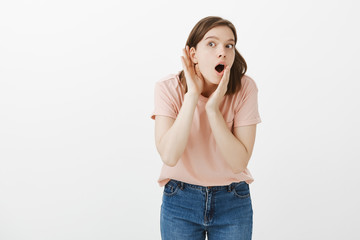Girl likes gather gossips and spread rumors in office. Curious and surprised talkative and thrilled...