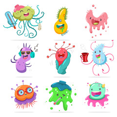 Fototapeta na wymiar Cute bacteria, virus, germ cartoon character set. Funny monsters vector illustration isolated on a white background.