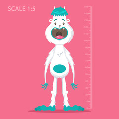 Kids meter wall with funny cartoon bigfoot and measuring ruler. Vector illustration of cute yeti monster isolated on a blue background.