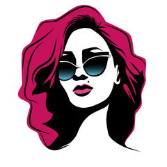 Woman with pink curly hair wearing butterfly sunglasses. Stylish portrait with pink lips and small birthmark. Vector illustration. Eps 10.
