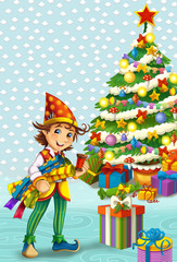 cartoon scene with santa helper looking dwarf near some presents and christmas tree - illustration for children