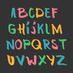 Color hand drawn alphabet, latin characters set. Vector lettering for posters, banners or greeting cards