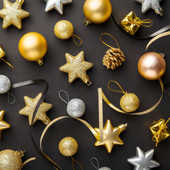 Golden silver christmas deco on black