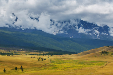 Scenic view of the snow-covered North-Chuya range in the Altai mountains in the summer, Siberia, Russia