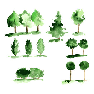 Set of abstract watecrolor trees with green leaves. Vector