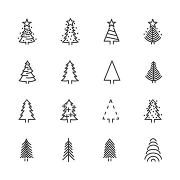 Vector image set of Christmas trees line icons.