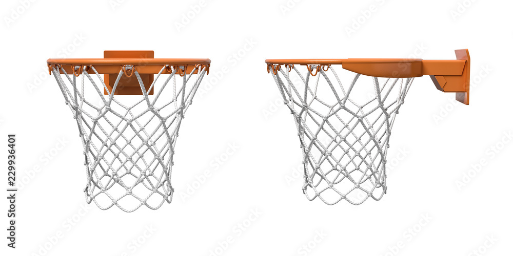 Poster 3d rendering of two basketball nets with orange hoops in front and side views.