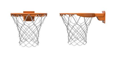 3d rendering of two basketball nets with orange hoops in front and side views. © gearstd