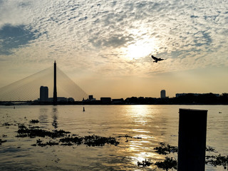 Silhouette landscape Rama VIII Bridge in Bangkok,Thailand