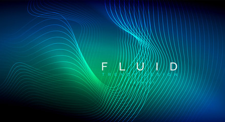 Blue neon particles glowing fluid wave lines, magic energy space light concept, abstract background wallpaper design