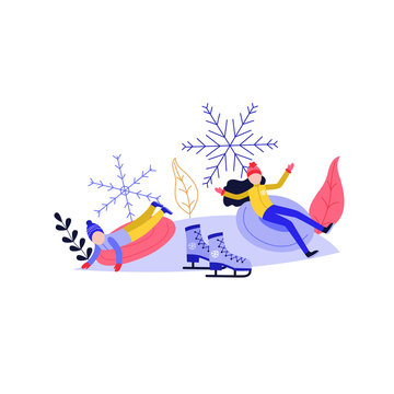 Young woman and kid sledding and having fun on snow hill isolated on white background - winter sport and active leisure concept with people riding on snow tube in flat vector illustration.