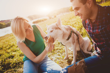 Dog with owners spend a day at the park. Young couple and husky eating burger, playing and having fun. © romaset