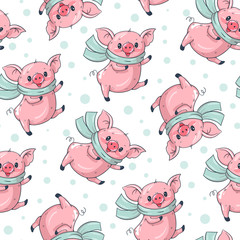 Seamless pattern with cute cartoon pigs